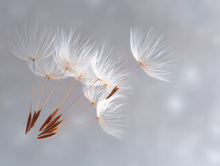 Delicate dandelion seeds floating in a soft, dreamy atmosphere with a gentle, ethereal quality and subtle colors.