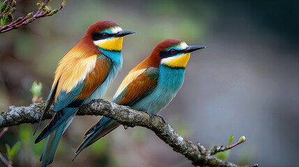 Obraz premium Colorful bee-eaters rest on a branch surrounded by greenery, capturing the beauty of these striking birds in the wild. 