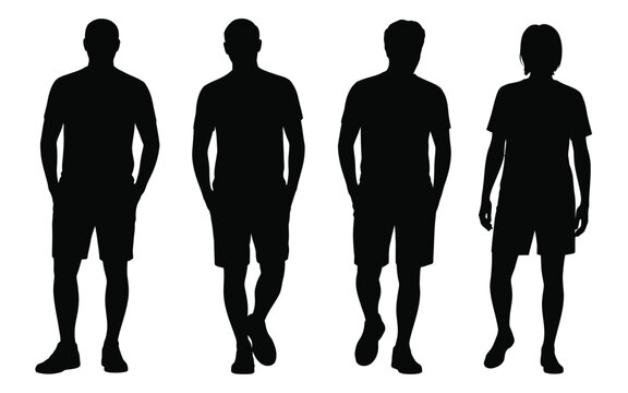 Vector art of silhouette of four men standing and walking isolated on white background