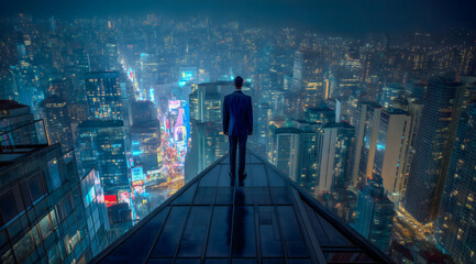 Cityscape Panorama with Lone Figure Standing on Edge – Generative AI