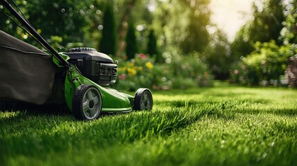 A freshly mowed green lawn with a lawnmower resting on it, surrounded by a blurred background of a well-maintained garden.
