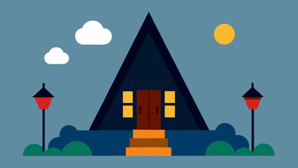 A Frame House with Lanterns Stepping Stone Path Cozy Home Design Inviting Entrance