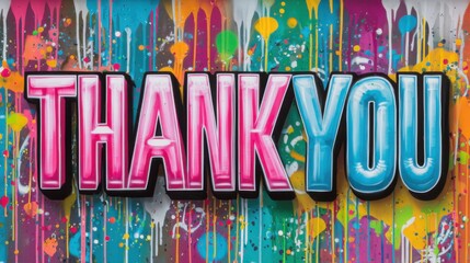 Vibrant graffiti mural displaying a colorful thank you message on a city wall in an urban setting during daylight hours