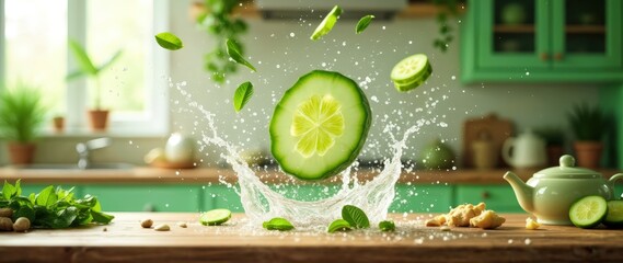 Crisp cucumber and salad ingredients in natural light splash