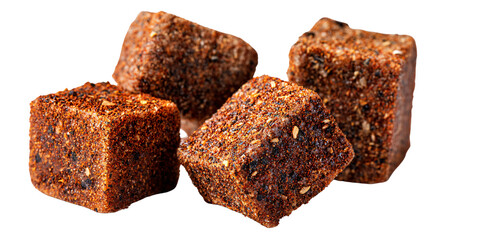 Closeup of Four Seasoned Bouillon Cubes with Spices on Black Background Concept of Flavor Enhancer, Cooking Ingredient, and Umami