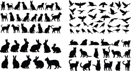 Animal silhouette collection with cats, dogs, birds, rabbits in various poses, pet vector set for decoration, design, illustration