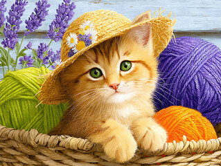 Adorable kitten wearing a straw hat in a basket with yarn and lavender flowers, creating a charming scene.