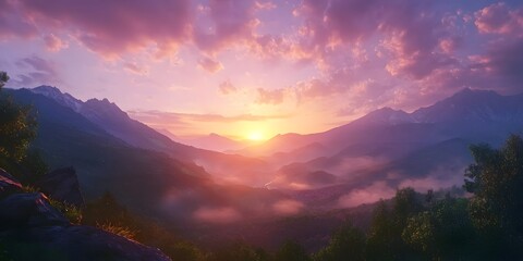 A scenic view of mountains at sunset with clouds and fog creating a beautiful landscape scene
