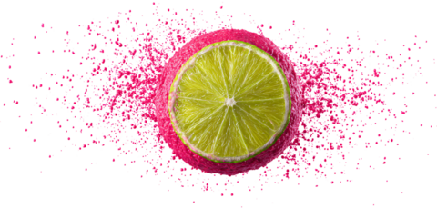 Vibrant lime slice with pink splash on black background Refreshing citrus fruit explosion concept for summer drinks, cocktails, and healthy eating