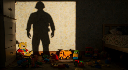 A soldiers shadow cast upon a childs room filled with toys a poignant image of absence and longing for home