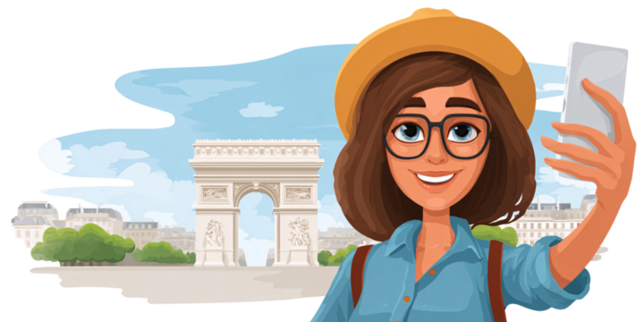 Smiling woman taking selfie with smartphone in Paris, France, with Arc de Triomphe in background Concept of travel, tourism, vacation, and European culture