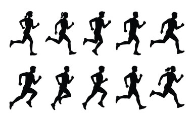 Vector art of silhouette of runners in motion isolated on white background, a dynamic vector illustration