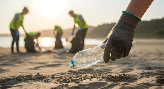 Volunteers cleaning up beach plastic pollution environmental protection teamwork community service sustainability eco friendly clean ocean responsible