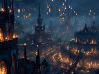 Fototapeta premium City of mages with gothic architecture and floating candles