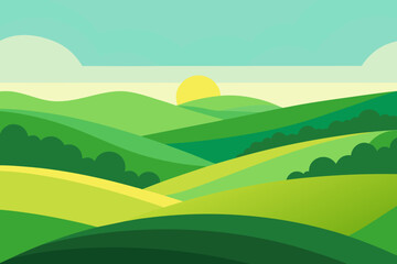 Expansive Sunny Countryside Illustration Landscape Art Vibrant Scenery Nature View