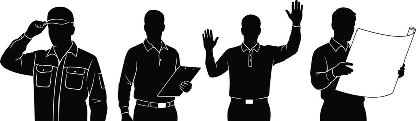 Construction workers silhouette set, engineers holding blueprints and clipboard, team coordination, builder professionals in uniform, black vector illustration