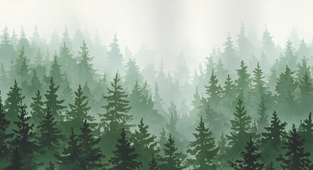 Fototapeta premium Misty Green Forest Landscape Serene Nature Scenery Tranquil Evergreen Trees Background Woodland Panorama Calm Peaceful Atmosphere