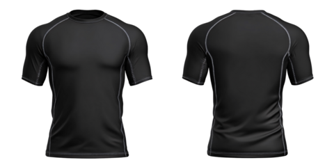 Black short sleeve compression shirt mockup, front and back view Sportswear apparel for fitness and athletic activities Concept of activewear, workout, and fashion