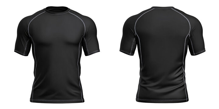 Black short sleeve compression shirt mockup, front and back view Sportswear apparel for fitness and athletic activities Concept of activewear, workout, and fashion