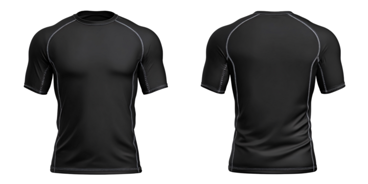 Black short sleeve compression shirt mockup, front and back view Sportswear apparel for fitness and athletic activities Concept of activewear, workout, and fashion
