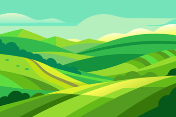 Obraz premium Expansive Sunny Countryside Illustration with Rolling Hills and Fields