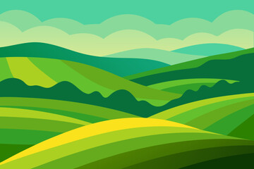 Obraz premium Expansive Sunny Countryside Illustration with Rolling Hills and Fields
