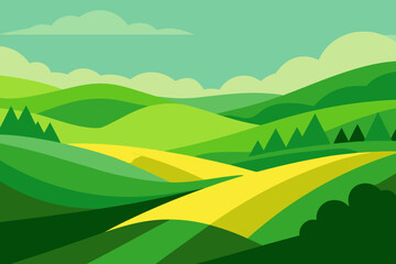 Obraz premium Expansive Sunny Countryside Illustration with Rolling Hills and Fields