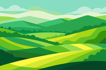 Expansive Sunny Countryside Illustration with Rolling Hills and Fields