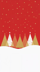 Bright Christmas and new year illustration of golden white geometric pine trees on snowy hills, gold snow falling on vibrant red background, Xmas greeting invitation card template, copy text space