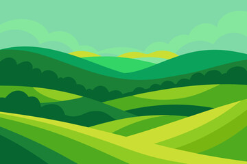 Obraz premium Expansive Sunny Countryside Illustration with Rolling Hills and Fields