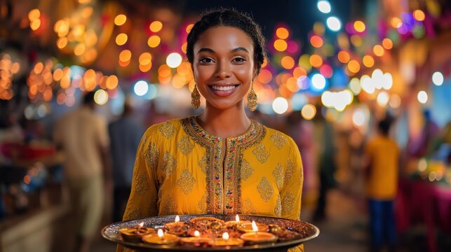 Portrait of smiling afro-american woman holding a tray with diya oil lamps celebrating Diwali Festival in India