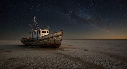 Stunning old fishing boat rests on cracked earth under a vibrant starry night sky adventure awaits