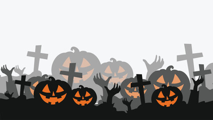 Creepy Halloween background vector with pumpkins, zombie hands, and graves in layered silhouette style. Great for spooky party flyers, banners, invitations, posters, and Halloween-themed designs