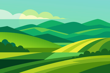 Obraz premium Expansive Sunny Countryside Illustration with Rolling Hills and Fields
