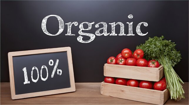 Organic Sign Next to Fresh Tomatoes and Herbs on a Wooden Table in a Vibrant Marketplace - Powered by Adobe