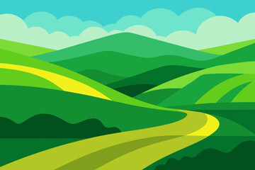 Obraz premium Expansive Sunny Countryside Illustration with Rolling Hills and Fields