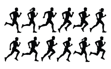 Vector art of silhouette of running people isolated on white background, a vector illustration
