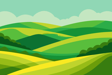 Obraz premium Expansive Sunny Countryside Illustration with Rolling Hills and Fields