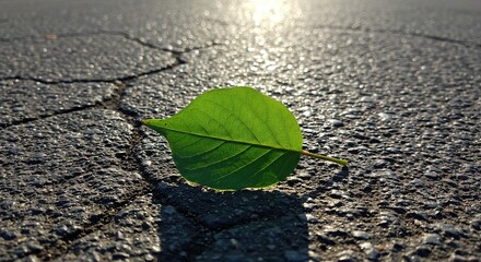 Fresh green leaf on cracked asphalt shimmering in the sunlight symbolizes hope and resilience