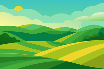 Expansive Sunny Countryside Illustration with Rolling Hills and Fields