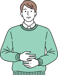 Cartoon man with stomach pain, green sweater, abdominal discomfort illustration, medical symptom concept, isolated vector health image for wellness