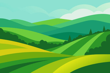 Expansive Sunny Countryside Illustration with Rolling Hills and Fields
