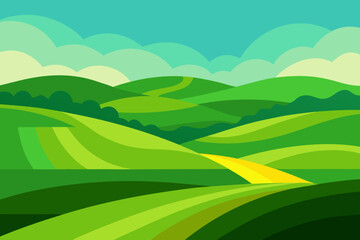 Obraz premium Expansive Sunny Countryside Illustration with Rolling Hills and Fields