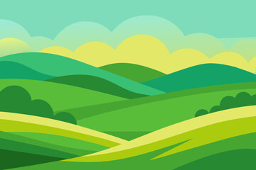 Obraz premium Expansive Sunny Countryside Illustration with Rolling Hills and Fields