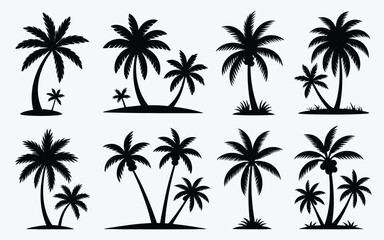 Fototapeta premium Vector art of set of various palm tree silhouettes isolated on white background for design element
