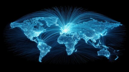 Banking Sector Concept of Economic Risk. A digital representation of a world map with illuminated lines connecting various locations, symbolizing global connectivity and network interactions.