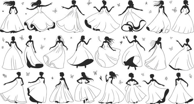 Elegant dress silhouettes, female fashion poses, flowing gown designs, artistic reference sheet, butterfly accents, floral details, stylish vector illustration