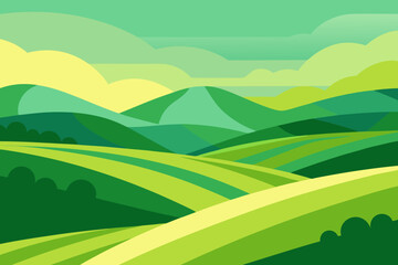 Obraz premium Expansive Sunny Countryside Illustration with Rolling Hills and Fields