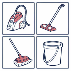 Collection of four simple cartoon illustrations of cleaning tools including a vacuum cleaner mop broom and bucket
