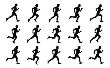 Vector art of set of silhouette runners isolated on white background in various poses and action